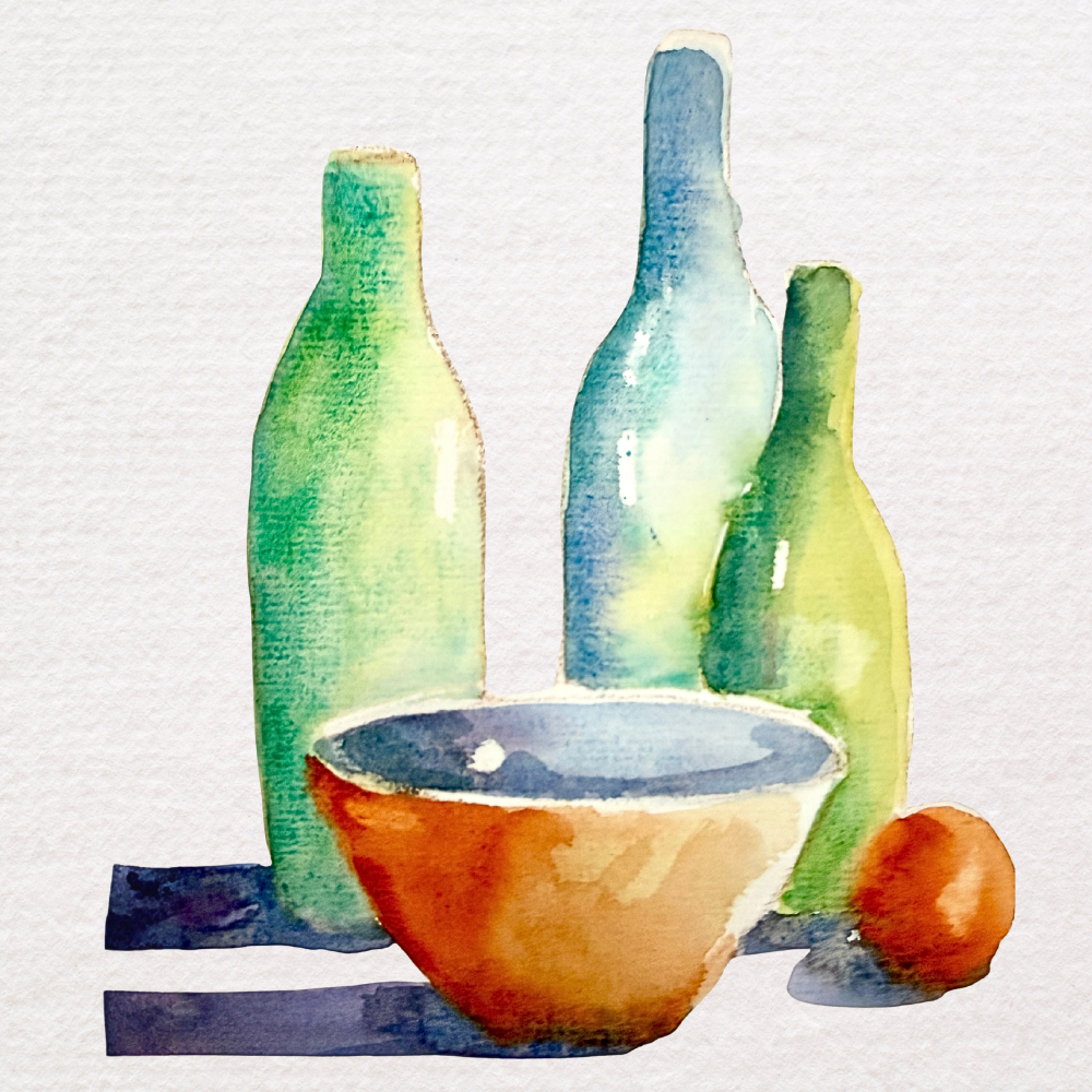 Watercolour Still Life Coloured Glass, Bottles & Fruit Workshop
