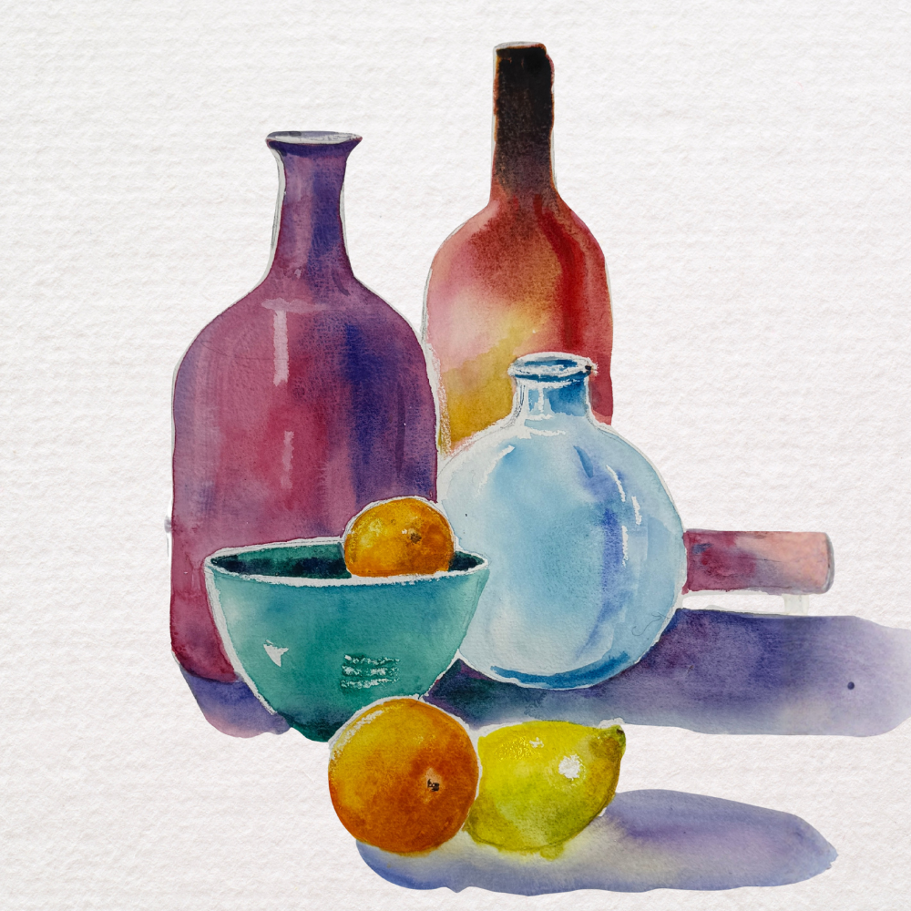 Watercolour Still Life Coloured Glass, Bottles & Fruit Workshop