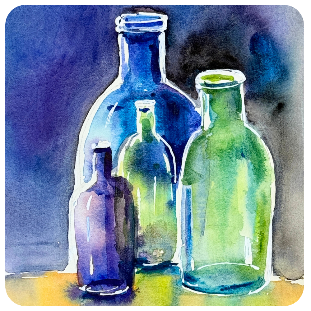 Watercolour Still Life Coloured Glass, Bottles & Fruit Workshop
