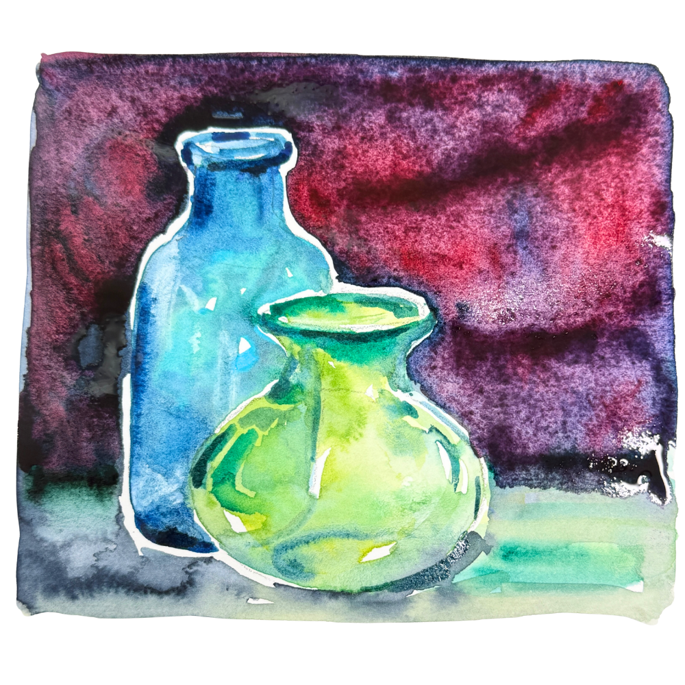 Watercolour Still Life Coloured Glass, Bottles & Fruit Workshop