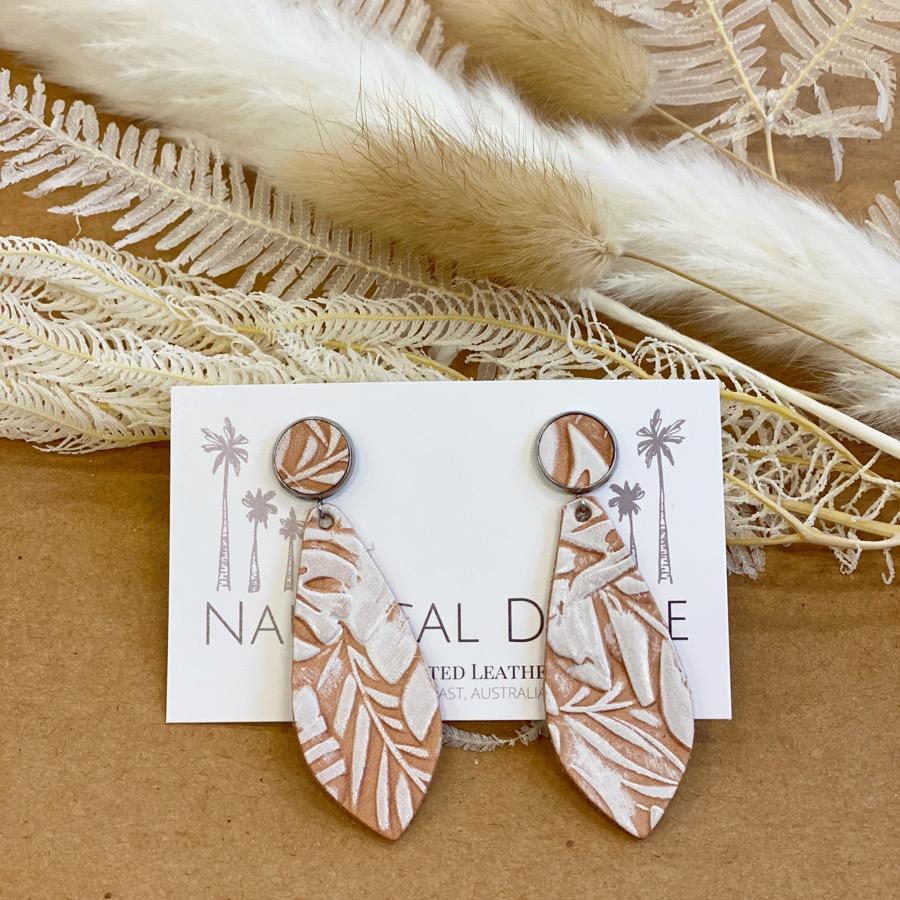 Hand Tooled Leather Earrings - Sandy Cape White Pointed Tip-Jewellery-Little Lane Workshops