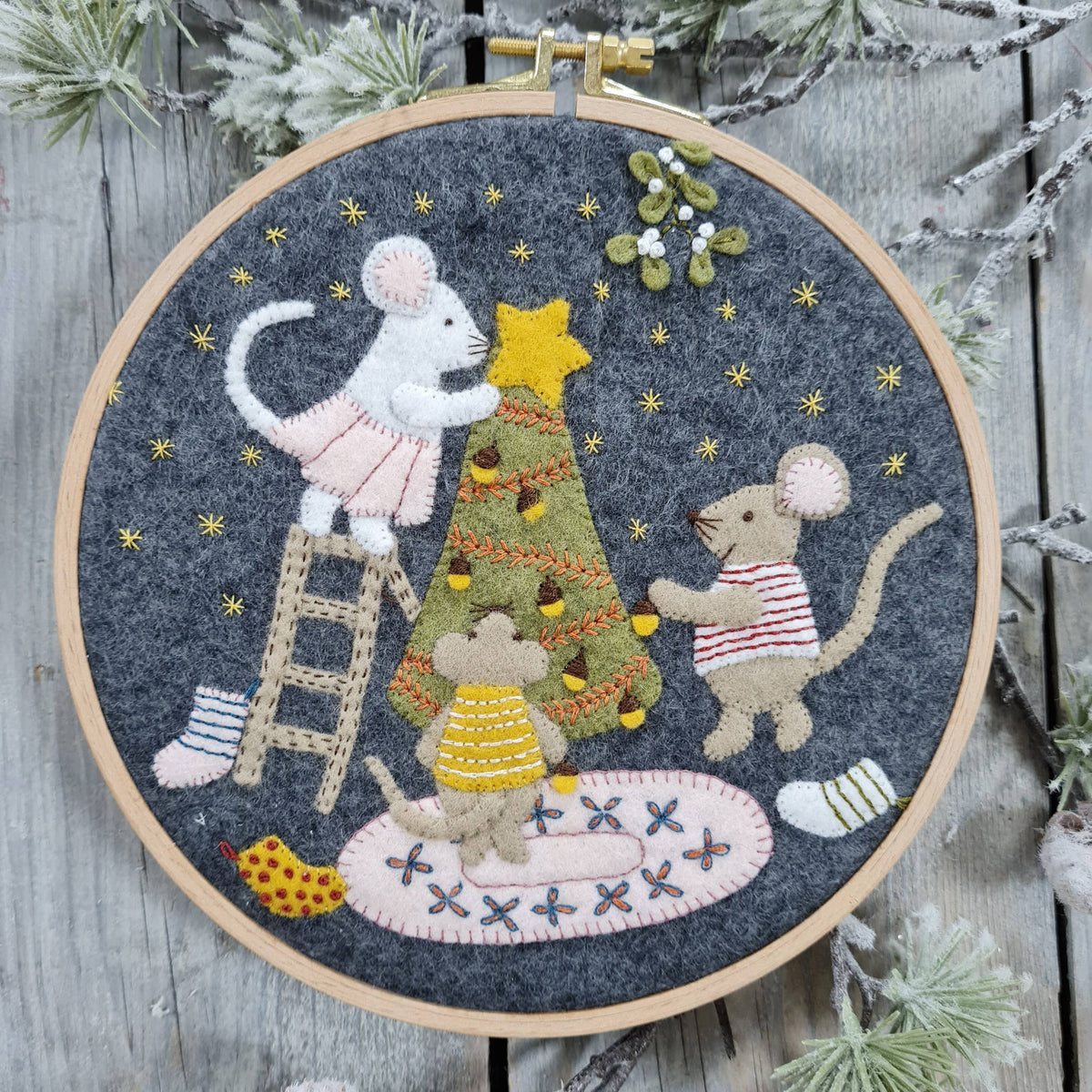 Christmas with the Mouse Family Felt Appliqué Hoop Kit by Corrine Lapierre-Craft Kits-Little Lane Workshops